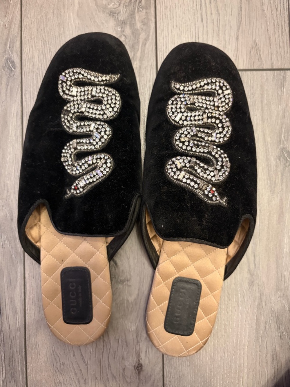 Gucci Black Velvet Crystal Snake Mules